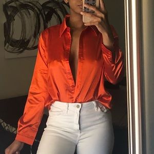 SOLD - Orange Satin Button Down Shirt